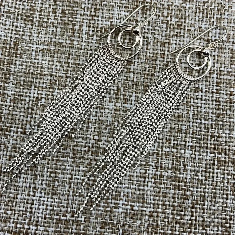 Vintage 925 Long Tassel Dangle Earrings with Elegant Silver Fringe Design - Picture 4 of 8